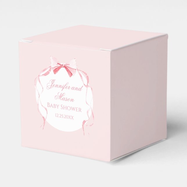 Cute pink bow ribbon preppy boho baby girl shower favor boxes (Front Side)