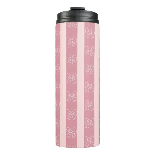 Cute Pink Bow Stripe Pattern – Girly Aesthetic Thermal Tumbler (Front)