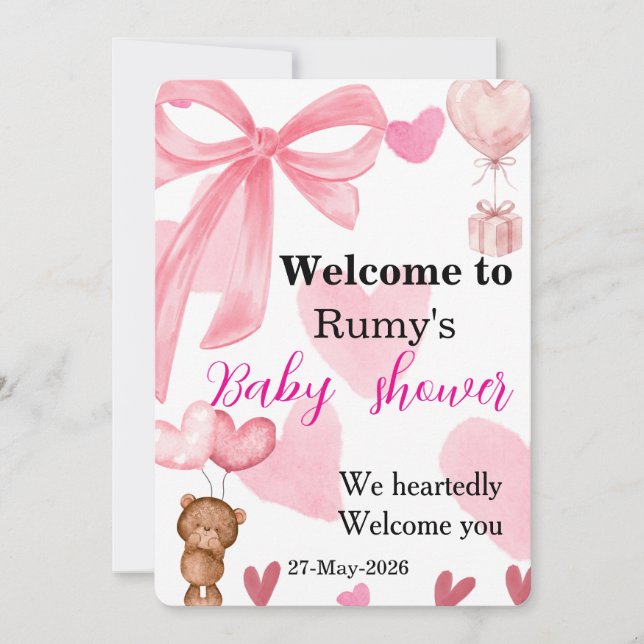 Cute Pink Bow Teddy Bear Shower Welcome Invitation (Front)
