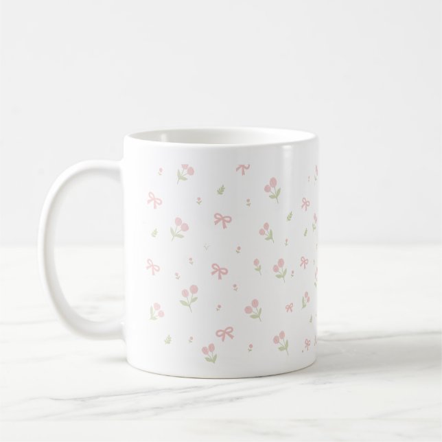 Cute Pink Bow & Tulip Seamless Pattern | Coquette  Coffee Mug (Left)