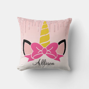 Cute Pink Bow Unicorn Throw Pillow
