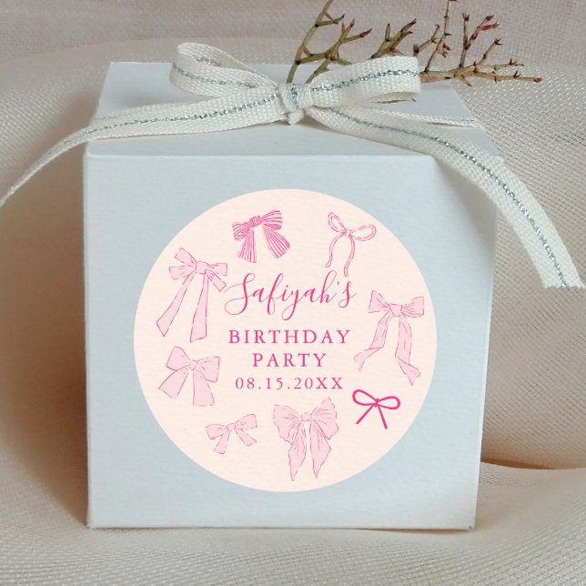 Cute Pink Bows Birthday Party Favor Classic Round Sticker (Creator Uploaded)