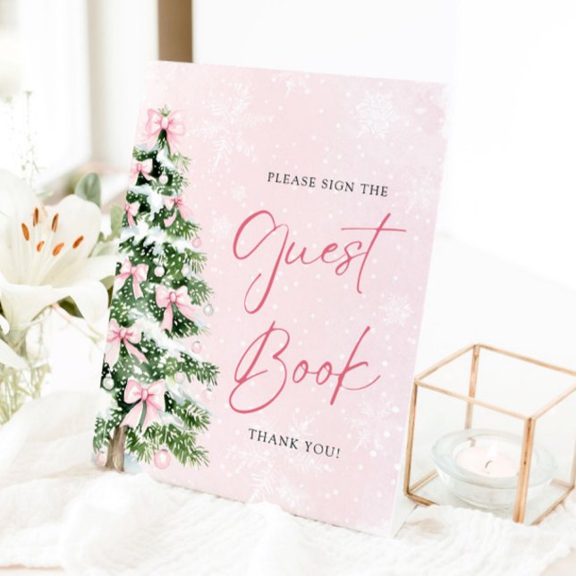 Cute Pink Bows Christmas Tree Guest Book Sign (Cute Pink Bows Christmas Tree Guest Book Sign)