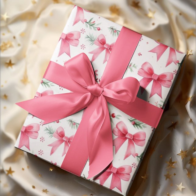 Cute Pink Bows & Winter Greenery Watercolor Wrapping Paper (Creator Uploaded)