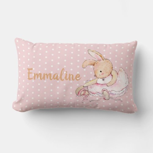 Cute Pink Brown Ballerina Bunny Polka Dots Name Lumbar Pillow
