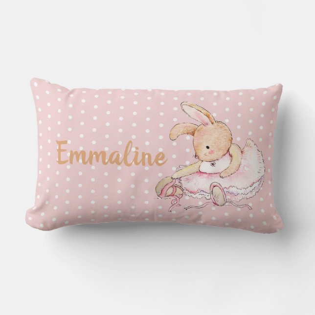 Cute Pink Brown Ballerina Bunny Polka Dots Name Lumbar Pillow (Front)