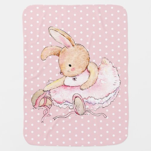 Cute Pink Brown Ballerina Bunny Rabbit Polka Dots Baby Blanket