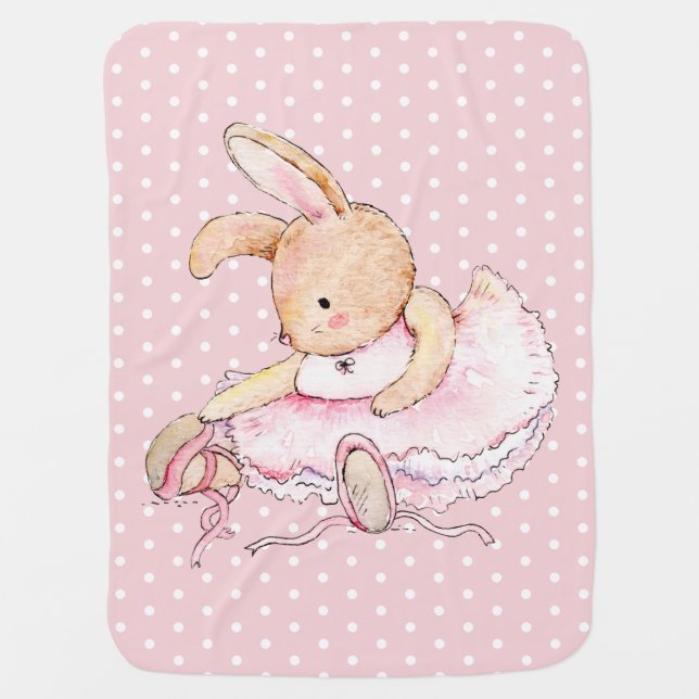 Cute Pink Brown Ballerina Bunny Rabbit Polka Dots Baby Blanket (Front)