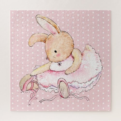 Cute Pink Brown Ballerina Bunny Rabbit Polka Dots Jigsaw Puzzle