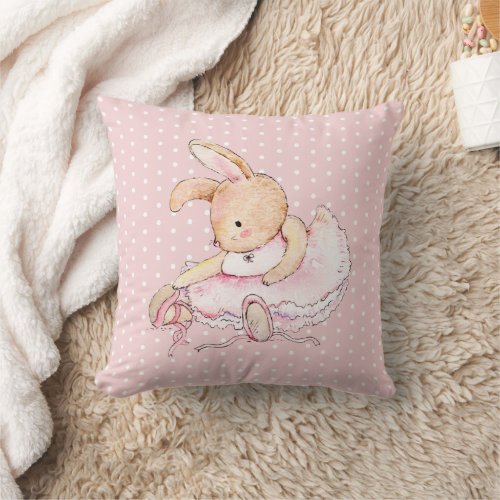 Cute Pink Brown Ballerina Bunny Rabbit Polka Dots Throw Pillow