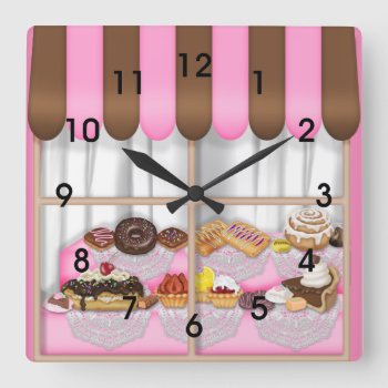 Cute Pink Brown Cupcake Sweet Bakery Square Wall Clock by cbendel at Zazzle