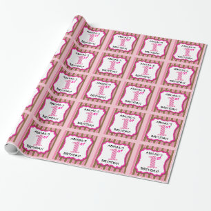 Cute Pink & Brown Girl's 1st Birthday Personalized Wrapping Paper