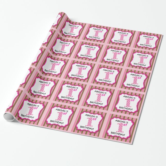 Cute Pink & Brown Girl's 1st Birthday Personalized Wrapping Paper (Unrolled)