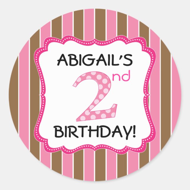 Cute Pink/Brown Girls Second Birthday Classic Round Sticker (Front)