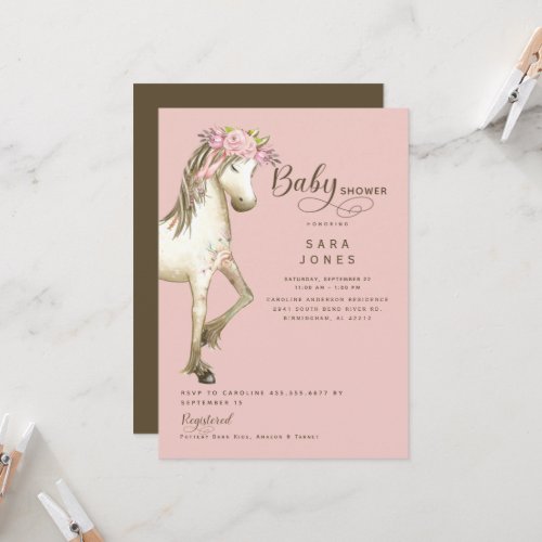 Cute Pink  Brown Pony Watercolor Baby Shower  Invitation