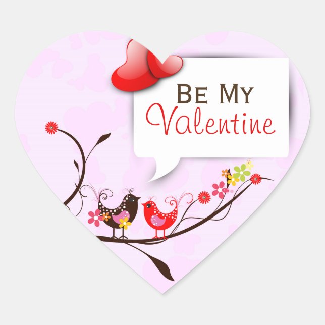 Cute Pink Brown & Red Valentines Love Birds Heart Sticker (Front)