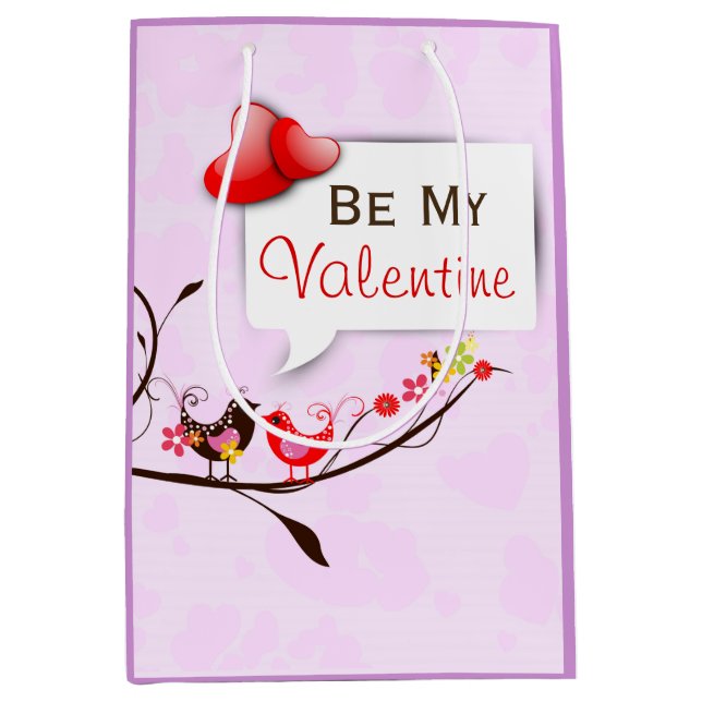 Cute Pink Brown & Red Valentines Love Birds Medium Gift Bag (Front)