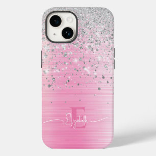 Cute Pink Brushed Metal Silver Glitter Monogram Case-Mate iPhone 14 Case