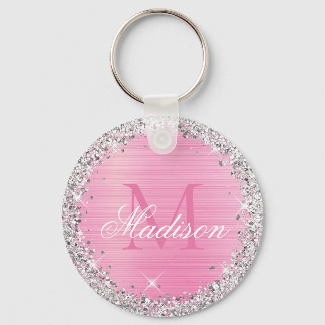 Cute Pink Brushed Metal Silver Glitter Monogram  Keychain (Front)