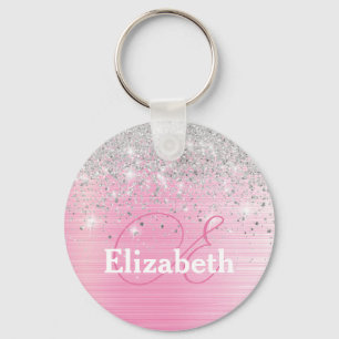 Cute Pink Brushed Metal Silver Glitter Monogram Keychain