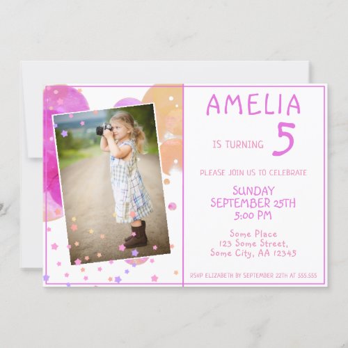 Cute Pink Bubbles Girly Kids Photo Birthday Invitation