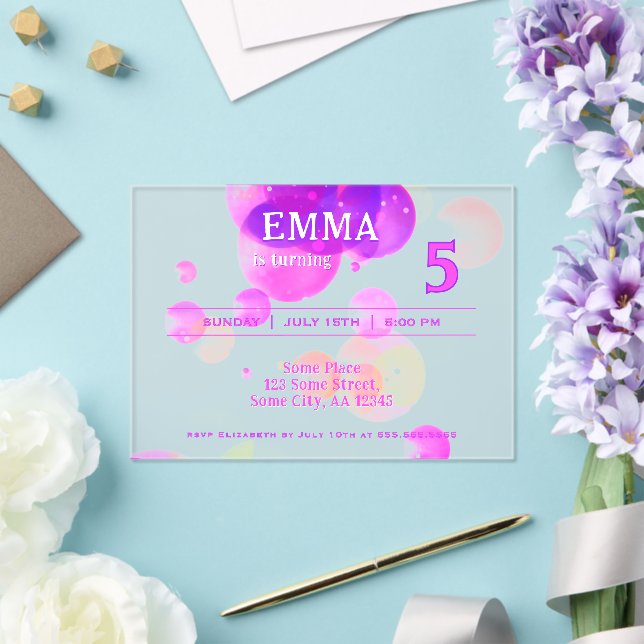 Cute Pink Bubbles Kids Birthday Party Acrylic Invitations (Insitu (Wedding))
