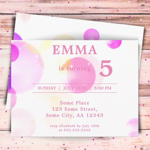Cute Pink Bubbles Kids Birthday Party Invitation