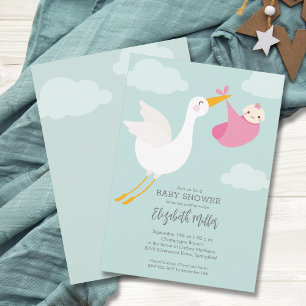 Cute Pink Bundle Stork Girl Baby Shower Invitation