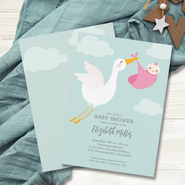 Cute Pink Bundle Stork Girl Baby Shower Invitation (Cute Pink Bundle Stork Girl Baby Shower Invitations, PRINTED and/or INSTANT DOWNLOAD)