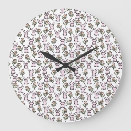 Cute Pink Bunnies and Tulips Wall Clock