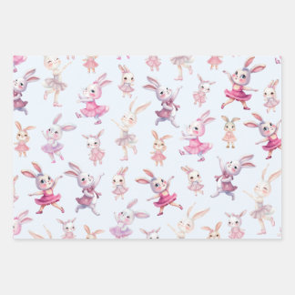 Cute Pink Bunnies Dancing Pattern Wrapping Paper Sheets
