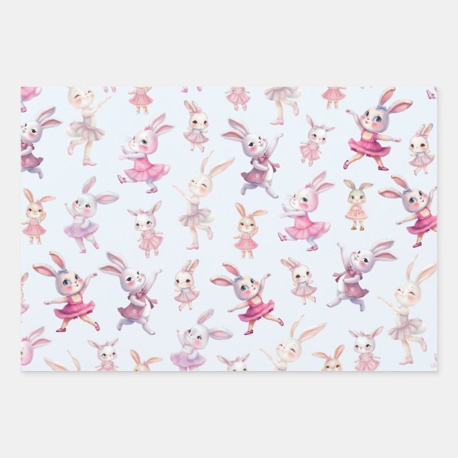 Cute Pink Bunnies Dancing Pattern Wrapping Paper Sheets (Front)
