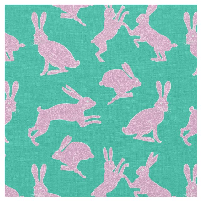 Cute Pink Bunnies on Green Background Fabric (Close Up)