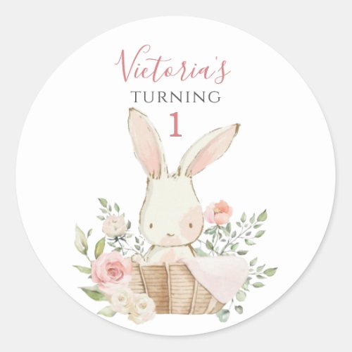 Cute Pink Bunny 1 One Birthday Classic Round Sticker