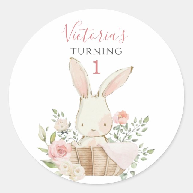 Cute Pink Bunny 1 One Birthday Classic Round Sticker (Front)
