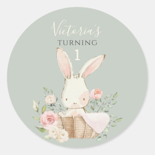 Cute Pink Bunny 1 One Birthday Green Classic Round Sticker