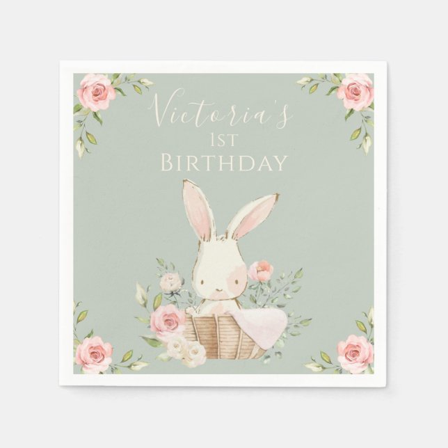 Cute Pink Bunny 1 One First Birthday Green Napkins (Front)