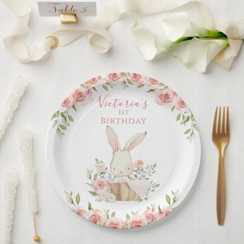 Cute Pink Bunny 1 One First Birthday Paper Plates