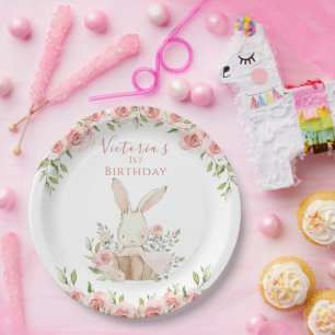 Cute Pink Bunny 1 One First Birthday Paper Plates
