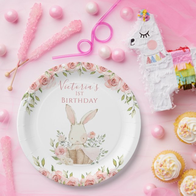 Cute Pink Bunny 1 One First Birthday Paper Plates (Party)