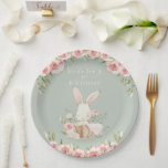 Cute Pink Bunny 1 One First Green Birthday  Paper Plates<br><div class="desc">Cute pink watercolor bunny paper plate personalized with name and number of year of birthday. Green background. As cute as can be for your little girls first birthday party.  Other party accessories available.</div>