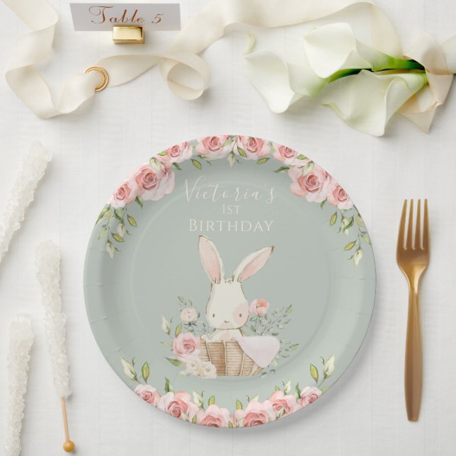 Cute Pink Bunny 1 One First Green Birthday  Paper Plates (Wedding)