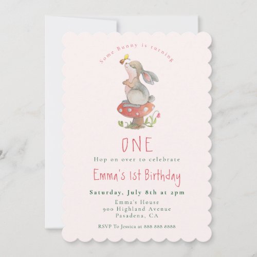 Cute Pink Bunny 1st birthday invitation
