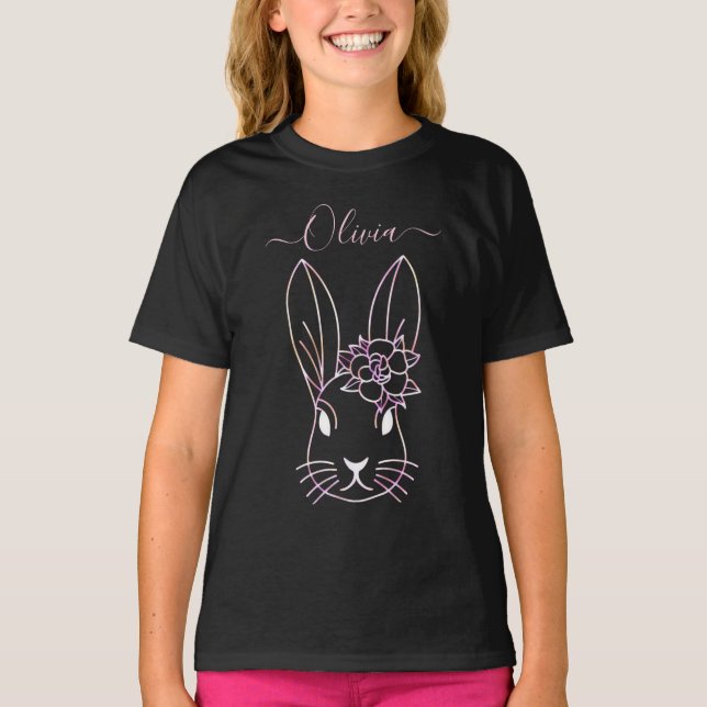 Cute Pink Bunny and Flower. Personalise T-Shirt (Front)