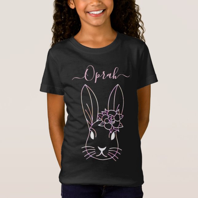 Cute Pink Bunny and Flower. Personalise T-Shirt (Front)