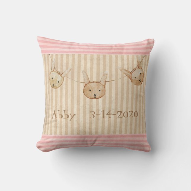Cute Pink Bunny Baby Girl Announcement Throw Pillow (Front)