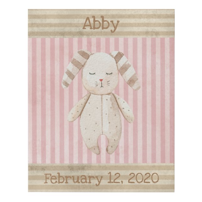 Cute Pink Bunny Baby Girl Name Birth Stats Stripe Faux Canvas Print (Front)