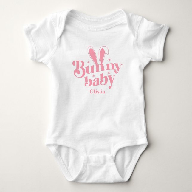Cute Pink Bunny Baby Girl " Personalized Easter  Baby Bodysuit (Front)