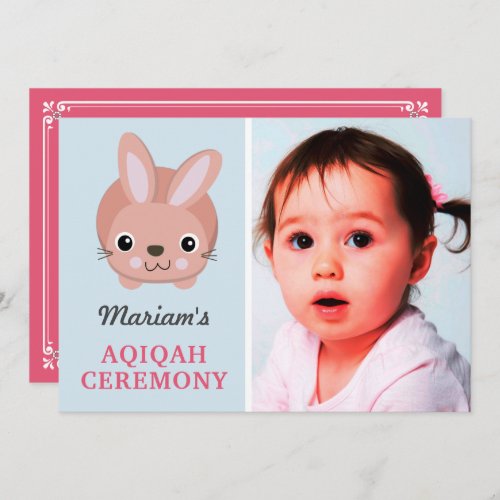 Cute Pink Bunny Baby Girl Photo Aqiqah Invitation