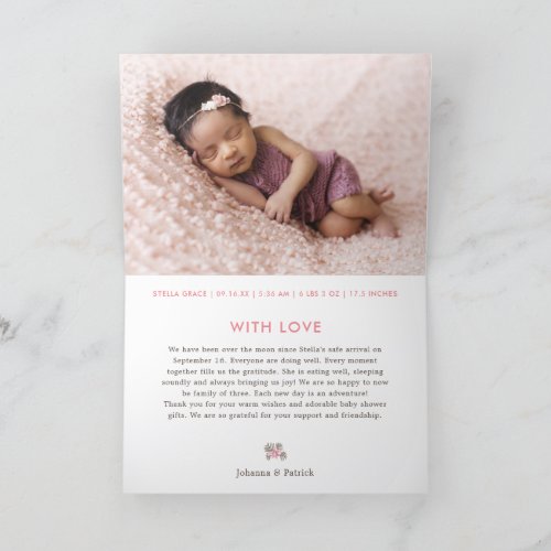 Cute Pink Bunny Birth Announcement Thank You Card